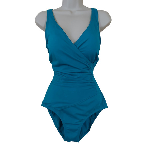 Jantzen Classics Women's Teal Ruched Hi-Cut V-Neck One-Piece Bathing Swimsuit - Picture 2 of 8